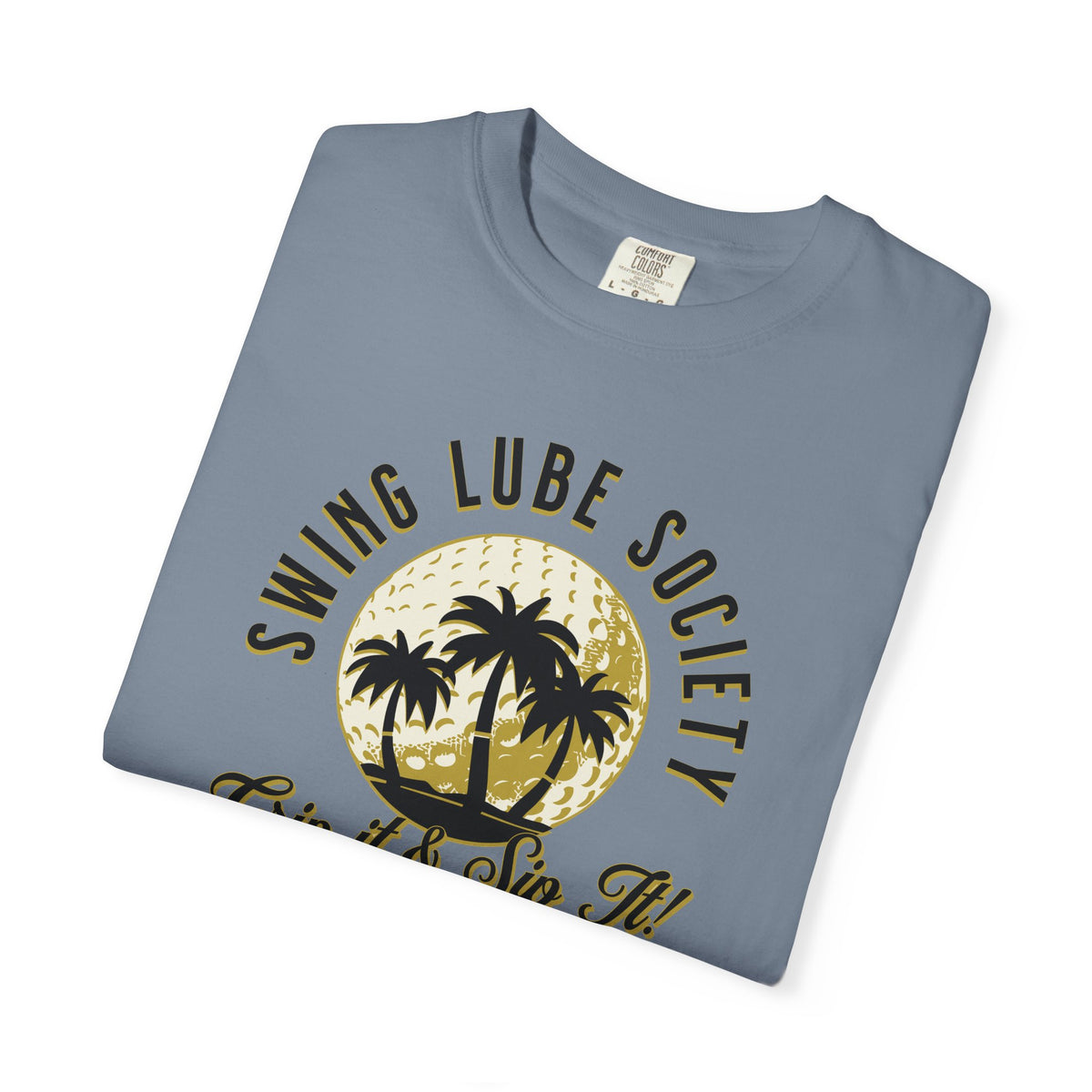 Swing Lube Society Palm Sunset T-Shirt – “Grip it & Sip It” Vintage Beach Tee