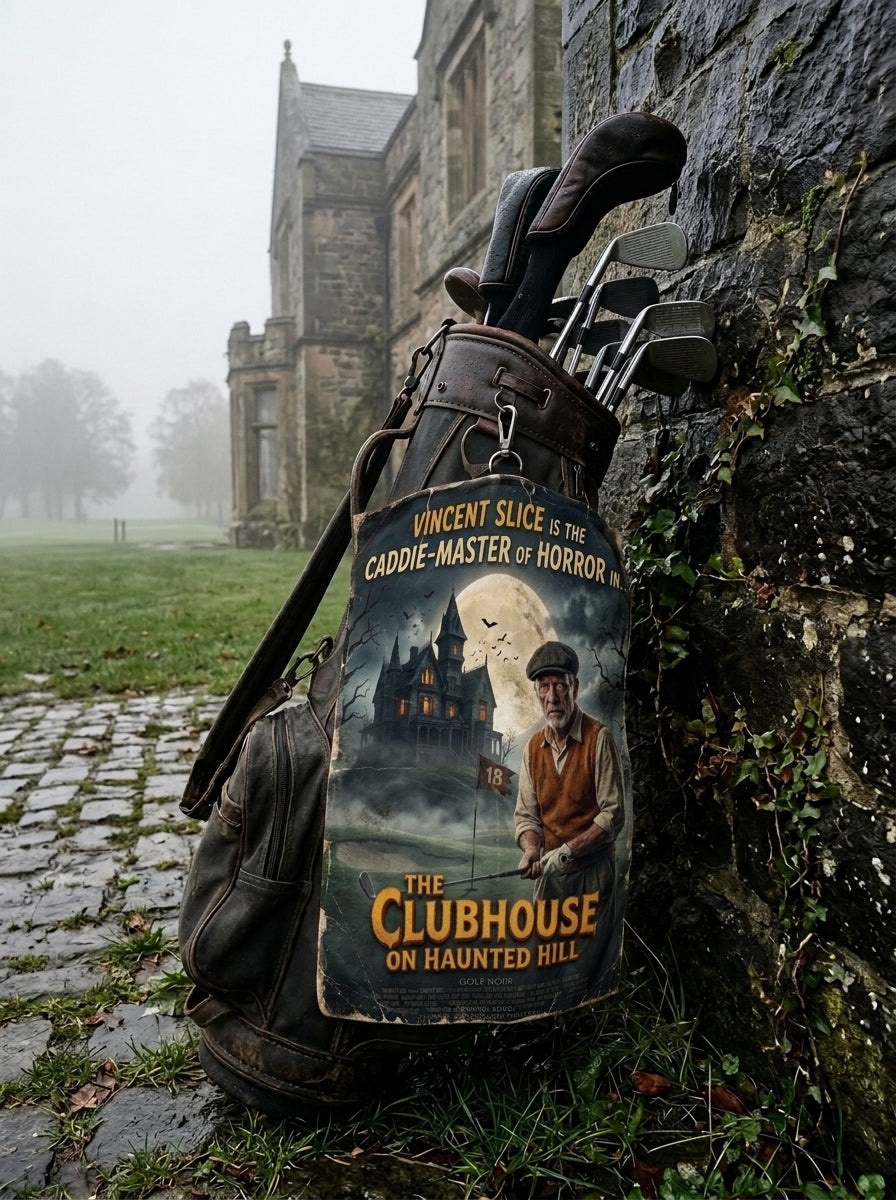 The Clubhouse on Haunted Hill Golf Towel — Starring Vincent Slice of Golf Noir