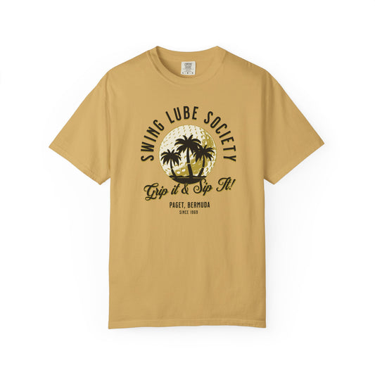 Swing Lube Society Palm Sunset T-Shirt – “Grip it & Sip It” Vintage Beach Tee