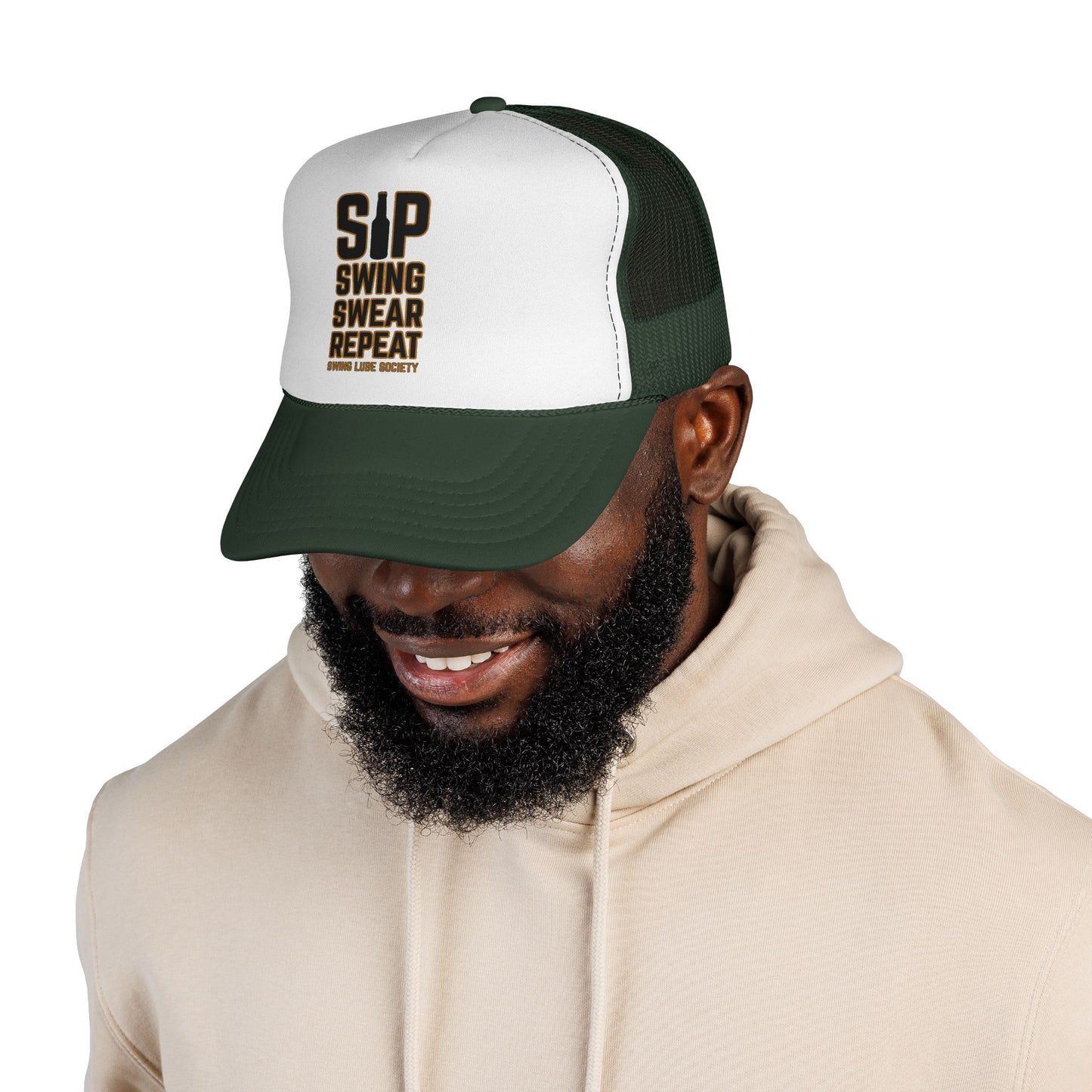 "Sip Swing Swear Repeat" Golf Trucker Hat - Swing Lube Society Statement Headwear