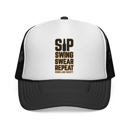 "Sip Swing Swear Repeat" Golf Trucker Hat - Swing Lube Society Statement Headwear