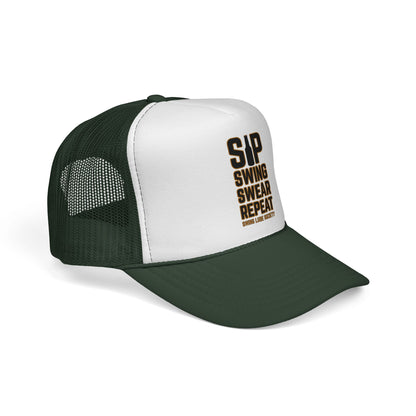 "Sip Swing Swear Repeat" Golf Trucker Hat - Swing Lube Society Statement Headwear