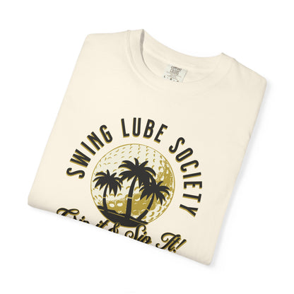 Swing Lube Society Palm Sunset T-Shirt – “Grip it & Sip It” Vintage Beach Tee