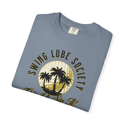 Swing Lube Society Palm Sunset T-Shirt – “Grip it & Sip It” Vintage Beach Tee