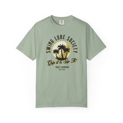 Swing Lube Society Palm Sunset T-Shirt – “Grip it & Sip It” Vintage Beach Tee