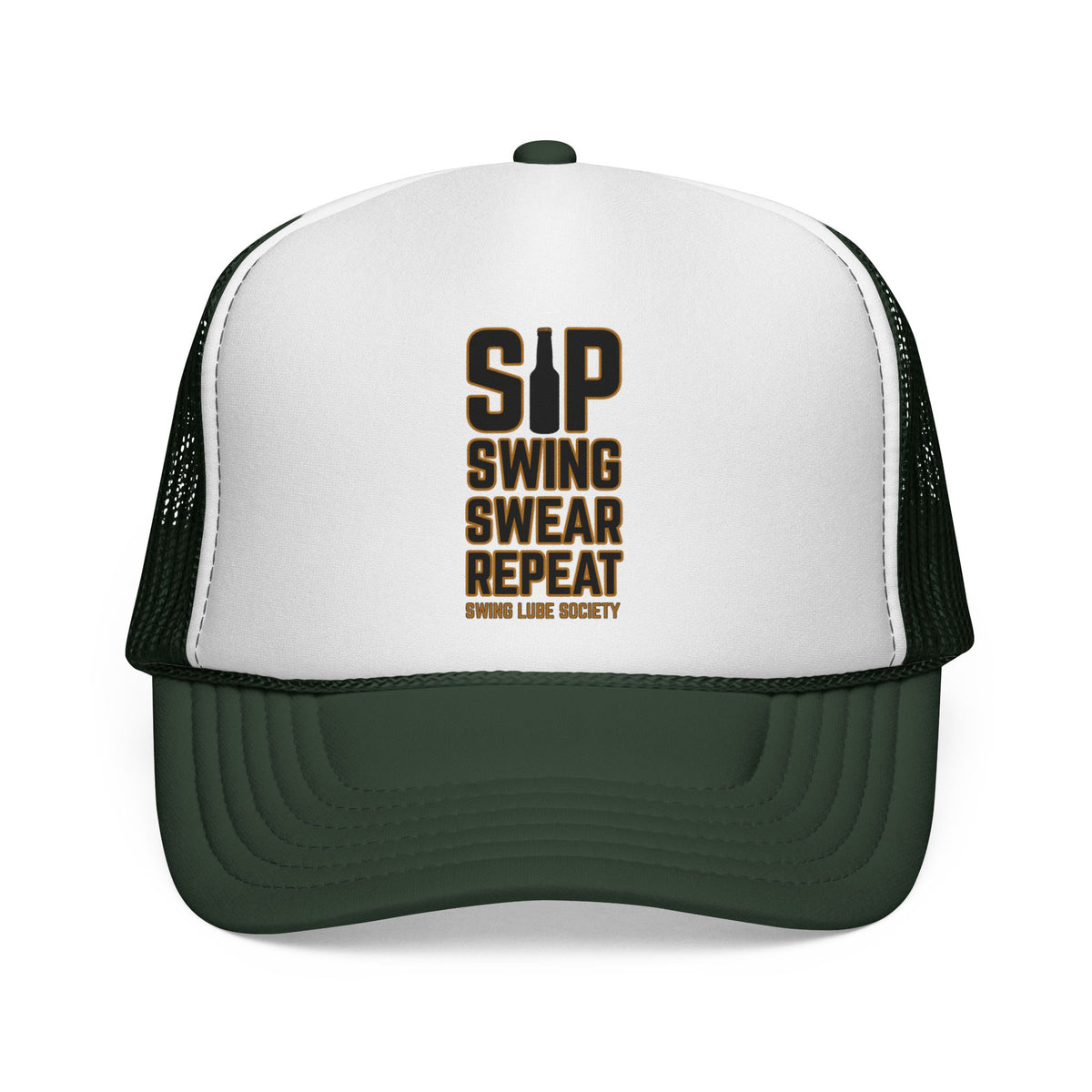 "Sip Swing Swear Repeat" Golf Trucker Hat - Swing Lube Society Statement Headwear