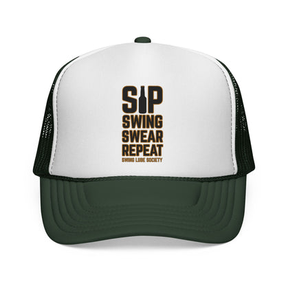 "Sip Swing Swear Repeat" Golf Trucker Hat - Swing Lube Society Statement Headwear