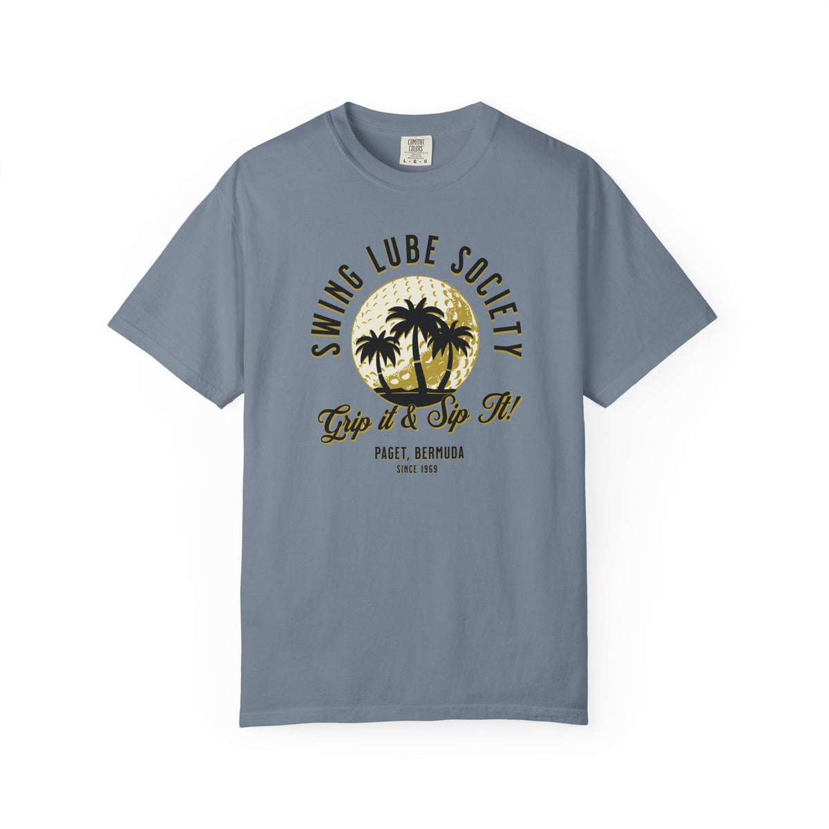 Swing Lube Society Palm Sunset T-Shirt – “Grip it & Sip It” Vintage Beach Tee
