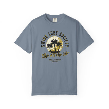 Swing Lube Society Palm Sunset T-Shirt – “Grip it & Sip It” Vintage Beach Tee