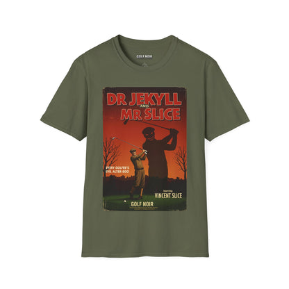 DR. JEKYLL & MR. SLICE T-Shirt - Starring VINCENT SLICE- Golf Noir Signature Apparel