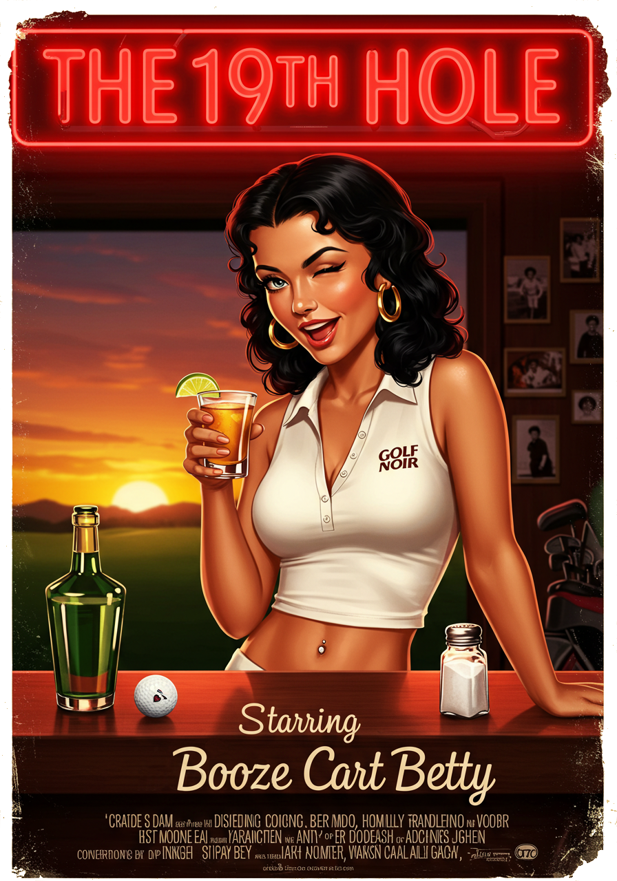 THE 19TH HOLE T-Shirt - Starring BOOZE CART BETTY - Golf Noir Signature Apparel
