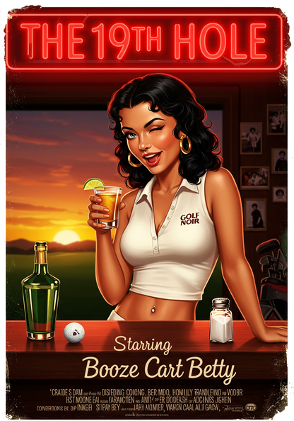 THE 19TH HOLE T-Shirt - Starring BOOZE CART BETTY - Golf Noir Signature Apparel