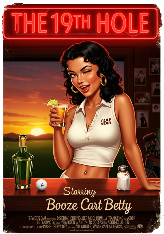 THE 19TH HOLE T-Shirt - Starring BOOZE CART BETTY - Golf Noir Signature Apparel