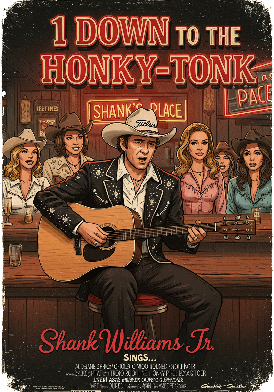 1 DOWN TO THE HONKY-TONK T-Shirt - Starring SHANK WILLIAMS JR.- Golf Noir Signature Apparel