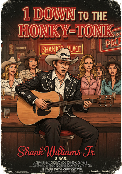 1 DOWN TO THE HONKY-TONK T-Shirt - Starring SHANK WILLIAMS JR.- Golf Noir Signature Apparel