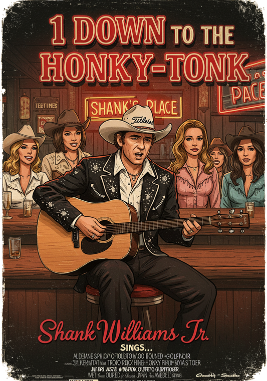 1 DOWN TO THE HONKY-TONK T-Shirt - Starring SHANK WILLIAMS JR.- Golf Noir Signature Apparel