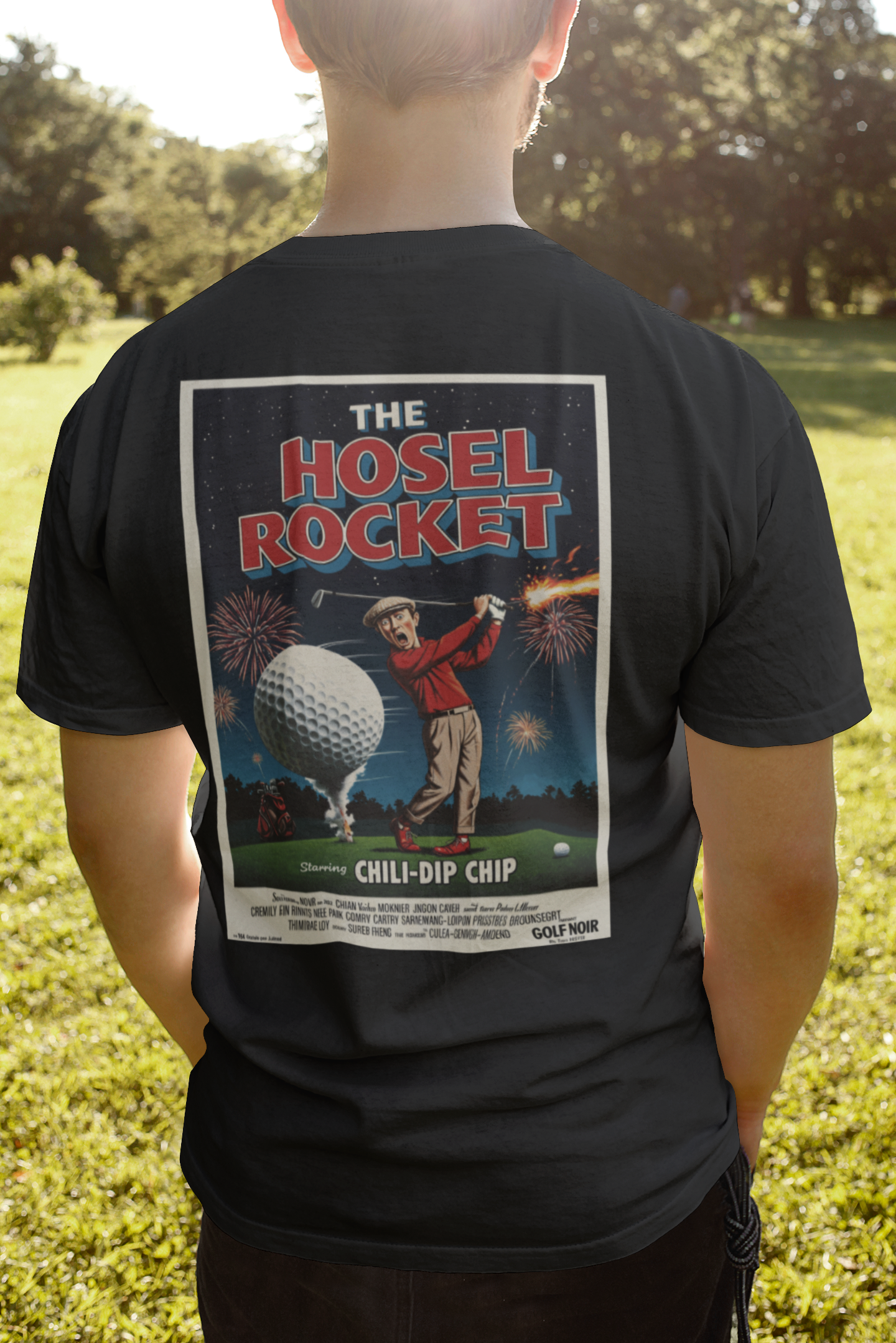 HOSEL ROCKET T-Shirt - Starring CHILI-DIP CHIP - Golf Noir Signature Apparel