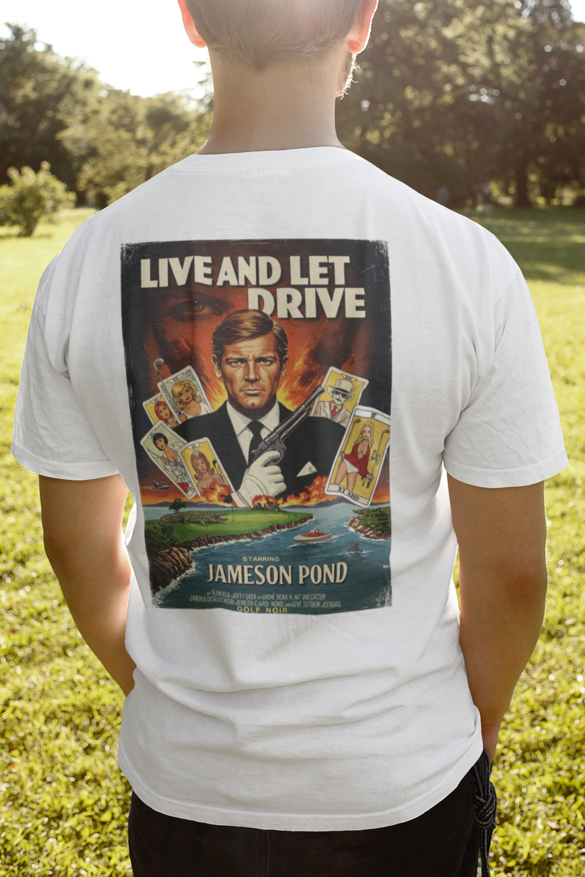 LIVE AND LET DRIVE T-Shirt - Starring JAMESON POND - Golf Noir Signature Apparel