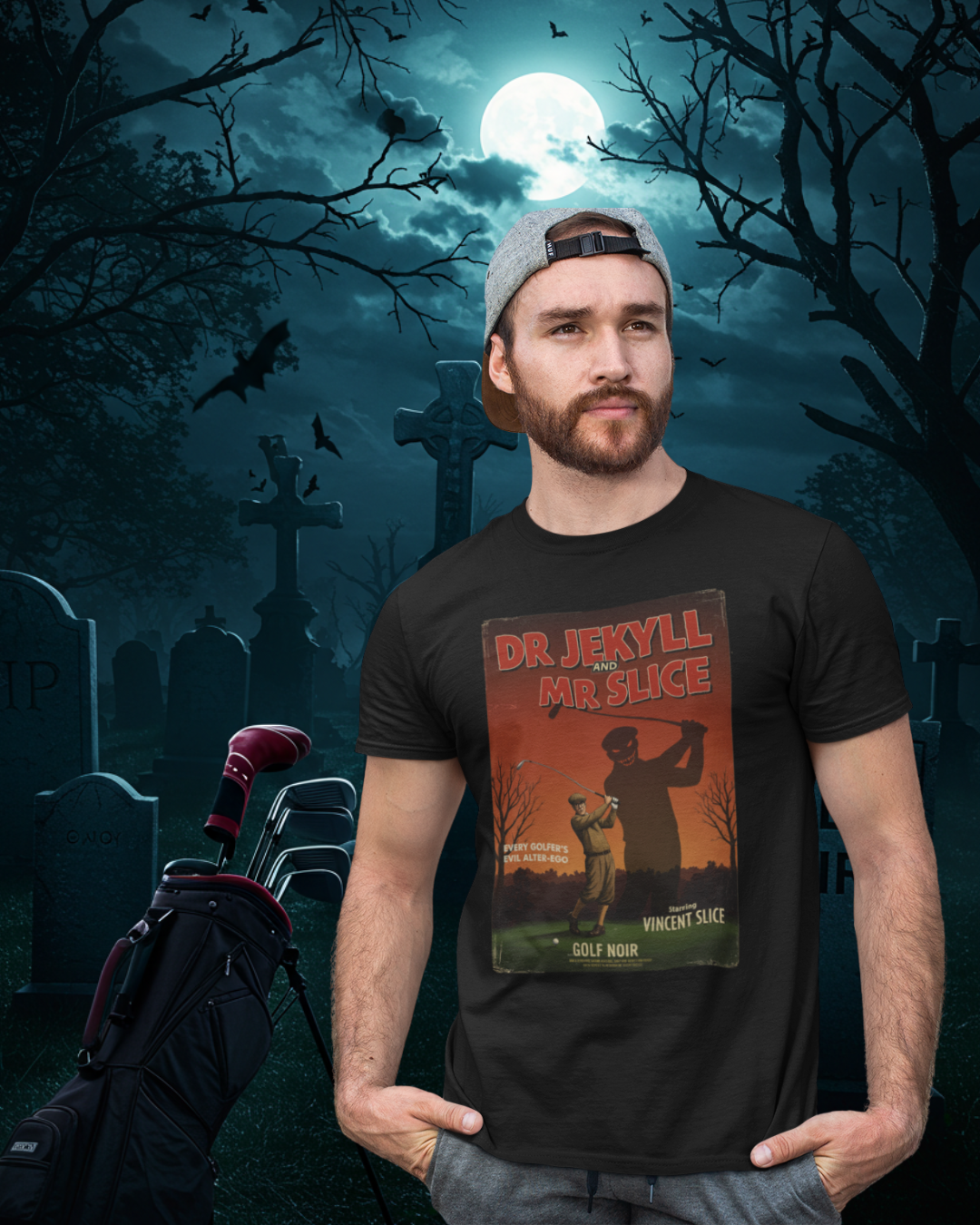 DR. JEKYLL & MR. SLICE T-Shirt - Starring VINCENT SLICE- Golf Noir Signature Apparel