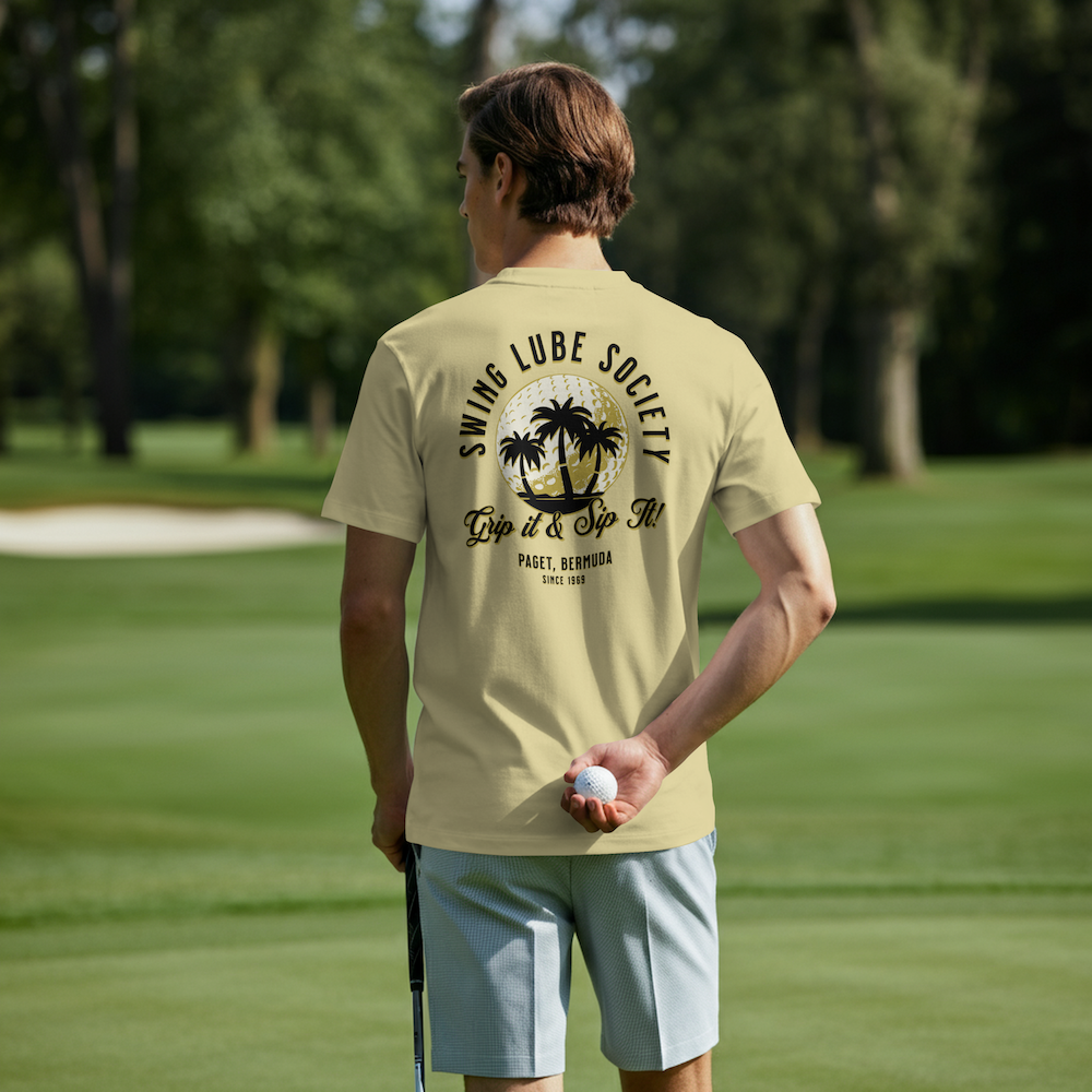 Swing Lube Society Palm Sunset T-Shirt – “Grip it & Sip It” Vintage Beach Tee