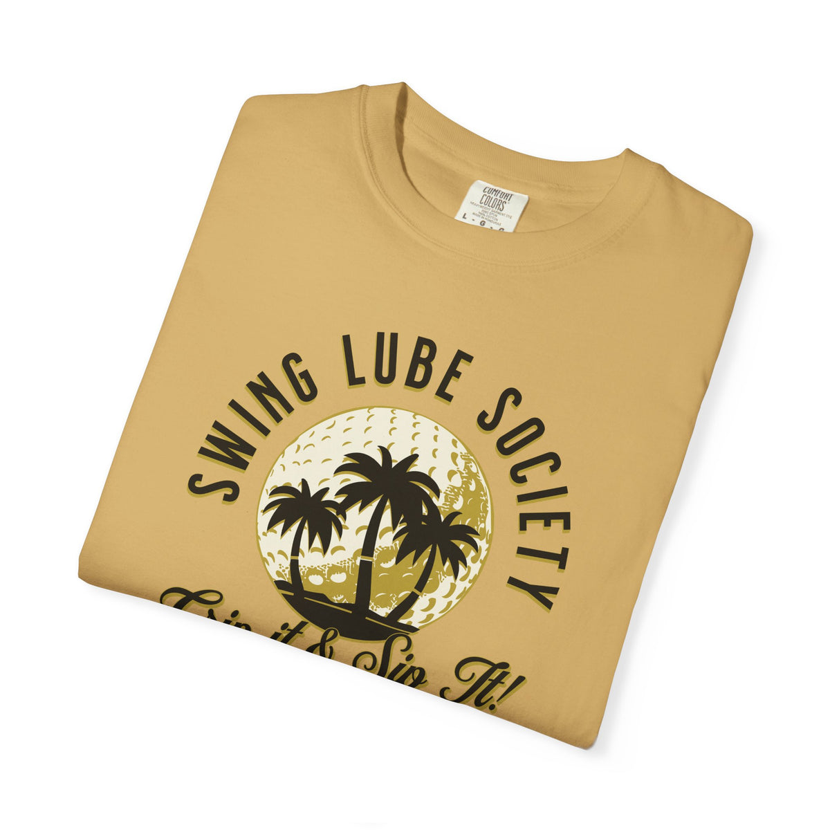 Swing Lube Society Palm Sunset T-Shirt – “Grip it & Sip It” Vintage Beach Tee