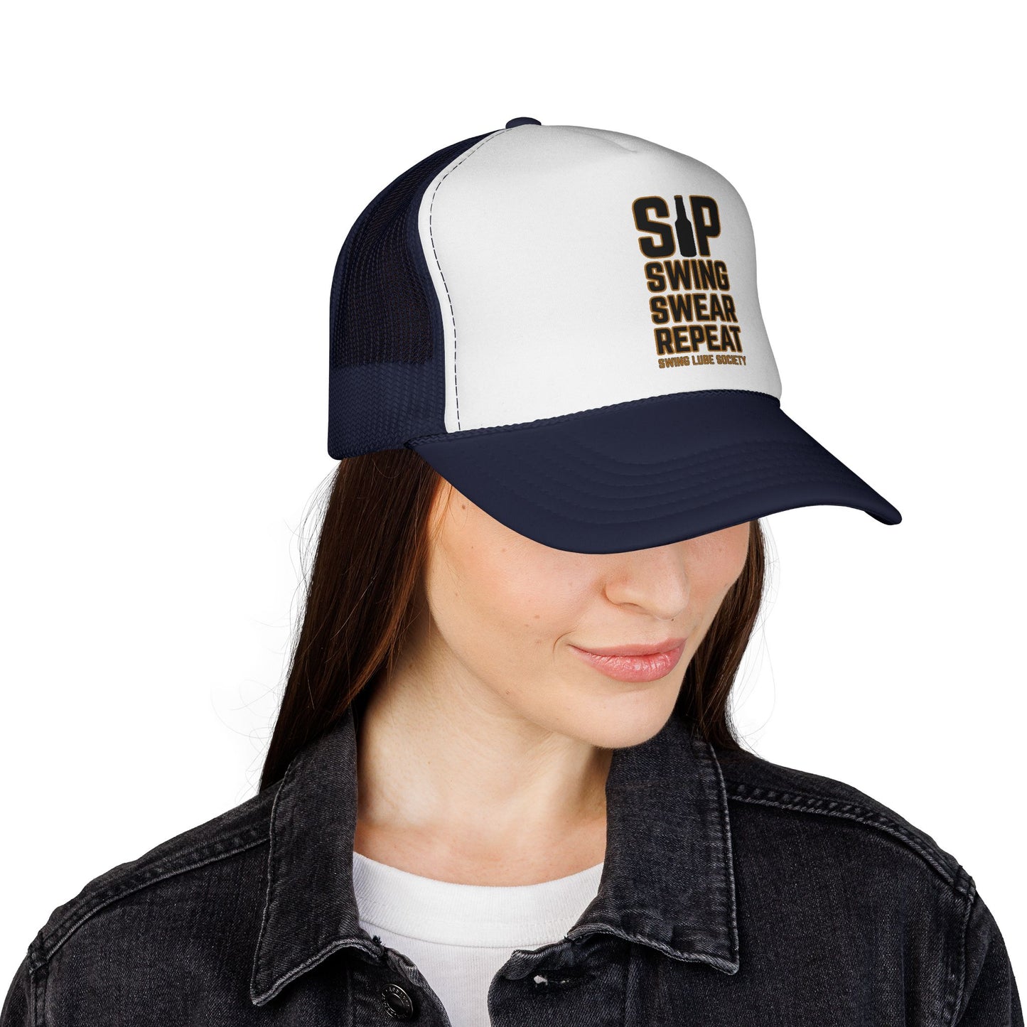 "Sip Swing Swear Repeat" Golf Trucker Hat - Swing Lube Society Statement Headwear