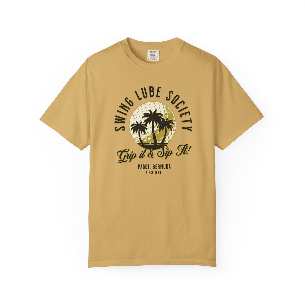 Swing Lube Society Palm Sunset T-Shirt – “Grip it & Sip It” Vintage Beach Tee