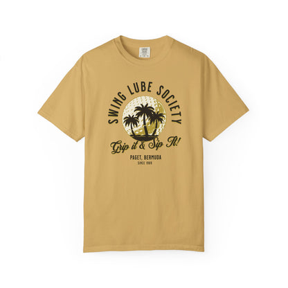 Swing Lube Society Palm Sunset T-Shirt – “Grip it & Sip It” Vintage Beach Tee