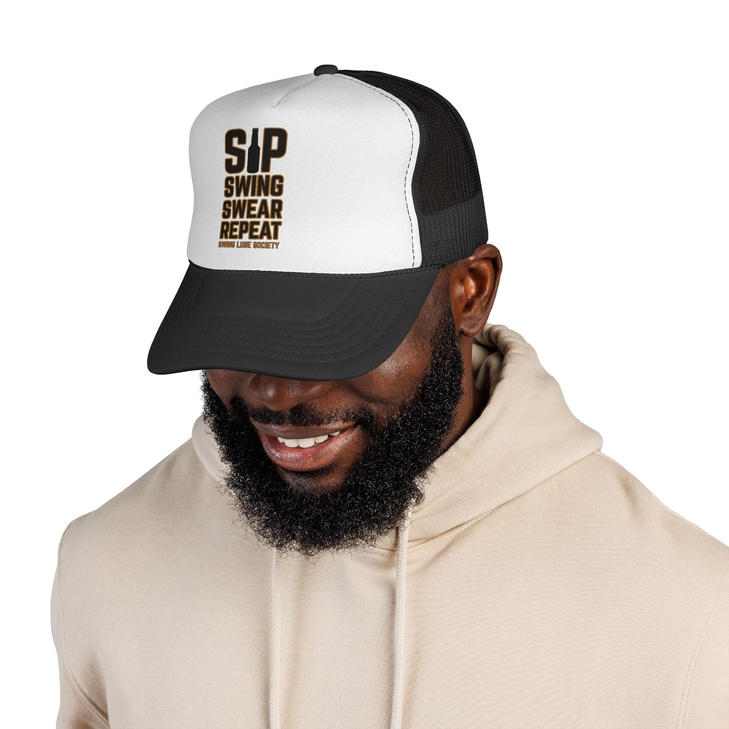 "Sip Swing Swear Repeat" Golf Trucker Hat - Swing Lube Society Statement Headwear