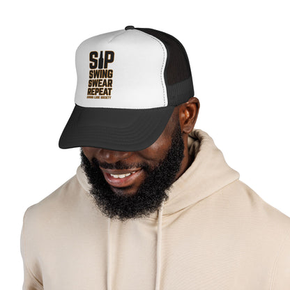 "Sip Swing Swear Repeat" Golf Trucker Hat - Swing Lube Society Statement Headwear