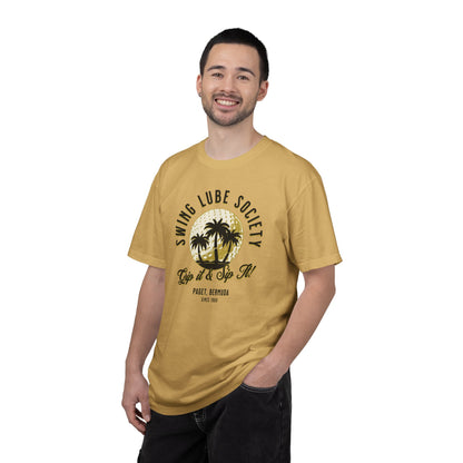 Swing Lube Society Palm Sunset T-Shirt – “Grip it & Sip It” Vintage Beach Tee