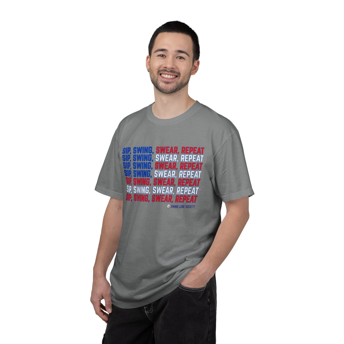 “Sip, Swing, Swear, Repeat” T-Shirt - Swing Lube Society Signature Apparel