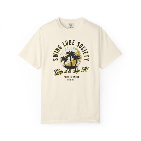 Swing Lube Society Palm Sunset T-Shirt – “Grip it & Sip It” Vintage Beach Tee