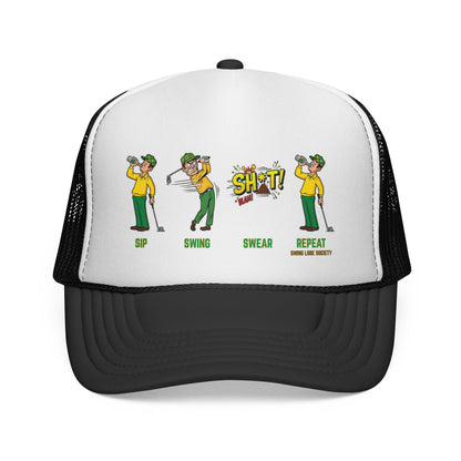 Sip, Swing, Swear, Repeat Trucker Hat - Swing Lube Society Statement Headwear